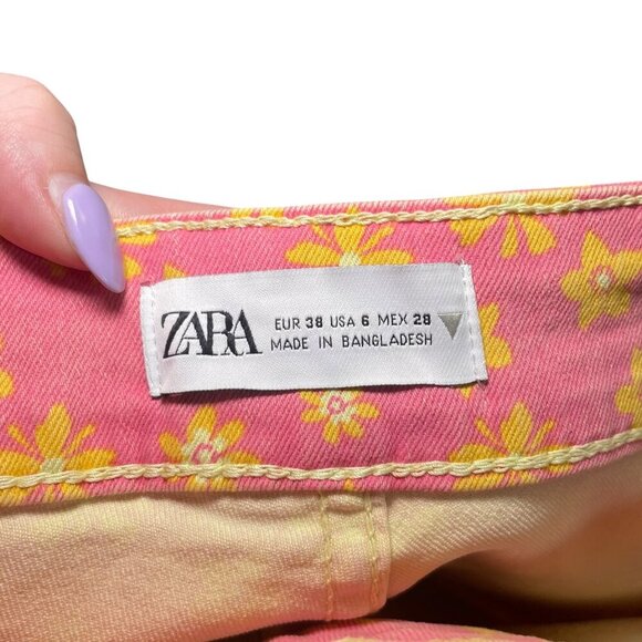 Zara Floral Straight Leg Ankle Jeans Coral Pink Yellow Flowers Size 6 - Picture 6 of 6